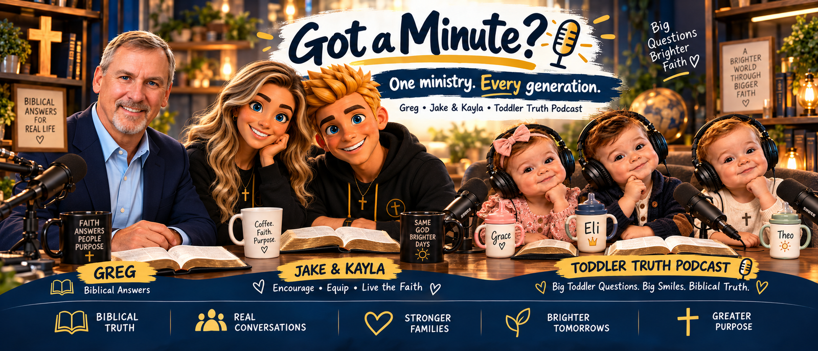 Got a Minute? ministry team: Greg, Jake and Kayla, Grace, Eli and Theo from the Toddler Truth Podcast